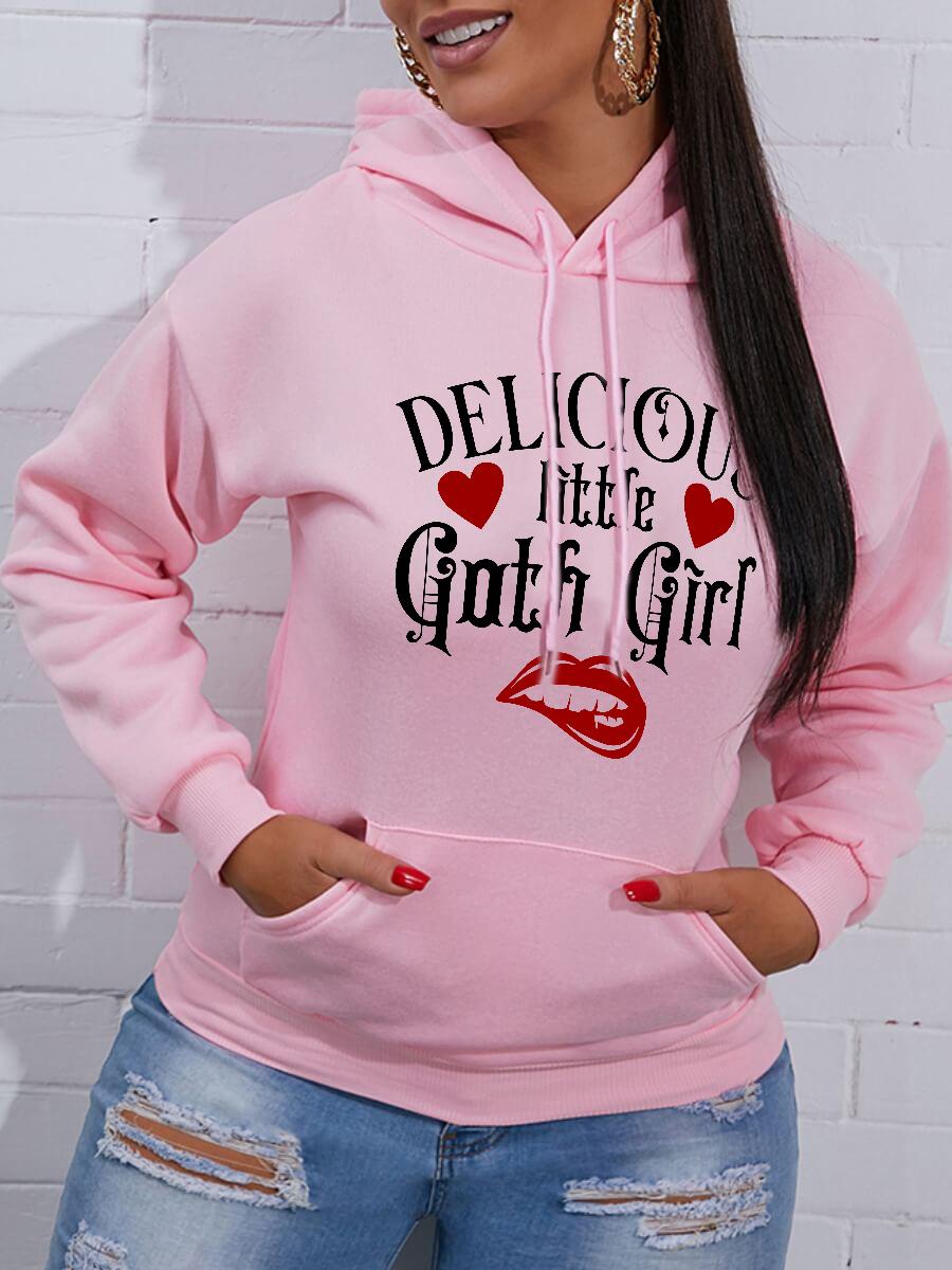 

LW Lip Letter Print Pocket Design Hoodie, Pink