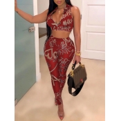 LW SXY Sleeveless Printed Wine Red Two-piece Pants
