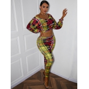 LW Plaid Print Crop Top Twist Front Pants Set