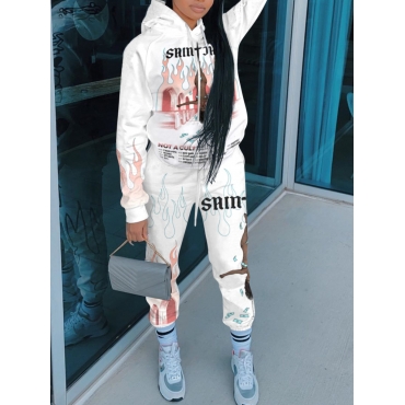 

LW Trendy Hooded Collar Print White Two Piece Pants Set