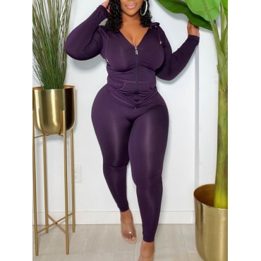 

LW BASICS Plus Size Zipper Design Skinny Pants Set, Purple