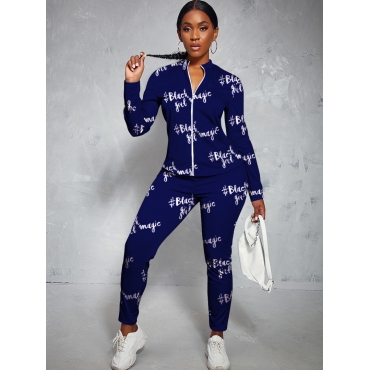 

LW Terylene/cotton Cardigan Letter Regular Two-piece Pants Set, Deep blue