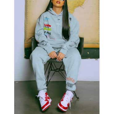 

LW Hooded Collar Letter Print Tracksuit Set, Blue