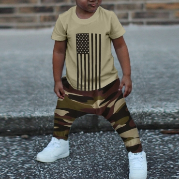 

LW COTTON Boy Casual Star Camo Print Two Piece Pants Set, Army green camouflag