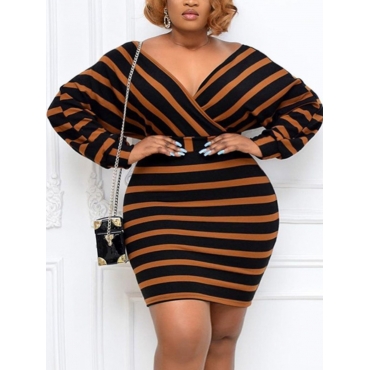 

LW Plus Size V Neck Striped Bodycon Dress, Brown