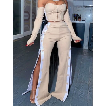 

LW BASICS Trendy Patchwork Side Slit Apricot Two-piece Pants Set