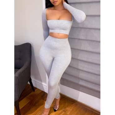 

LW SXY Crop Top Basic Skinny Pants Set, Grey
