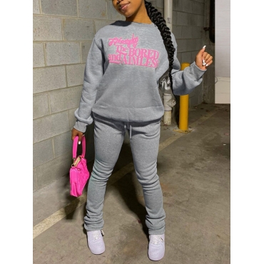 

LW Sweat Drawstring Letter Print Tracksuit Set, Grey