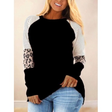 

LW COTTON Plus Size Leopard Striped Patchwork T-shirt, Black