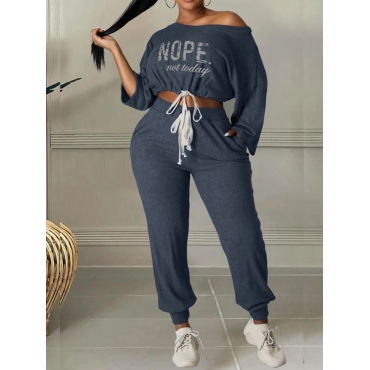 

LW Plus Size Letter Print Drawstring Pants Set, Blue