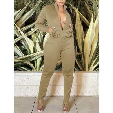 

LW Pocket Zipper Design Slit Tracksuit Set, Khaki