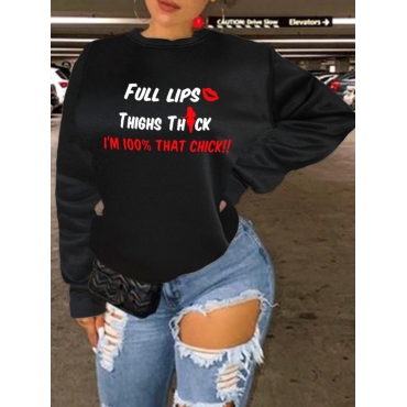 

LW Plus Size Lip Letter Print Sweatshirt, Black