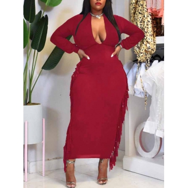 

LW SXY Plus Size Tassel Design Bodycon Dress, Wine red
