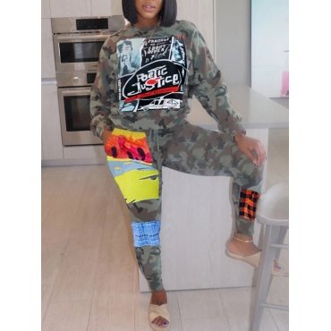 

LW Plus Size O Neck Camo Print Patchwork Pants Set, Army green camouflag