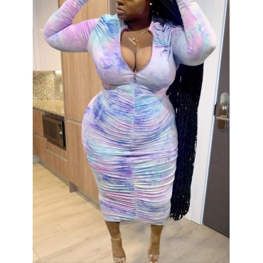 

LW Plus Size Tie-dye Ruched Bodycon Dress, Baby blue