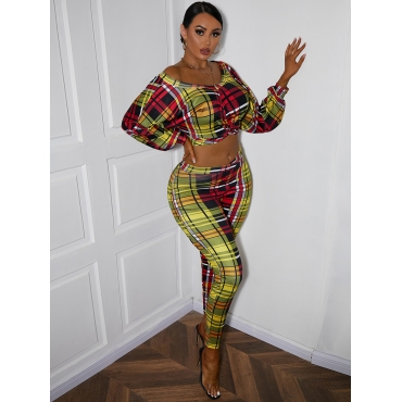 

LW Off The Shoulder Plaid Print Twist Front Pants Set, Red