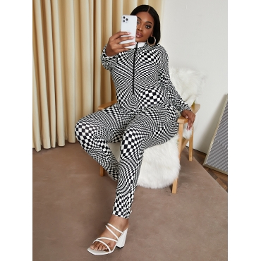 

LW Plus Size Round Neck Plaid Print Jumpsuit, Black & white tartan