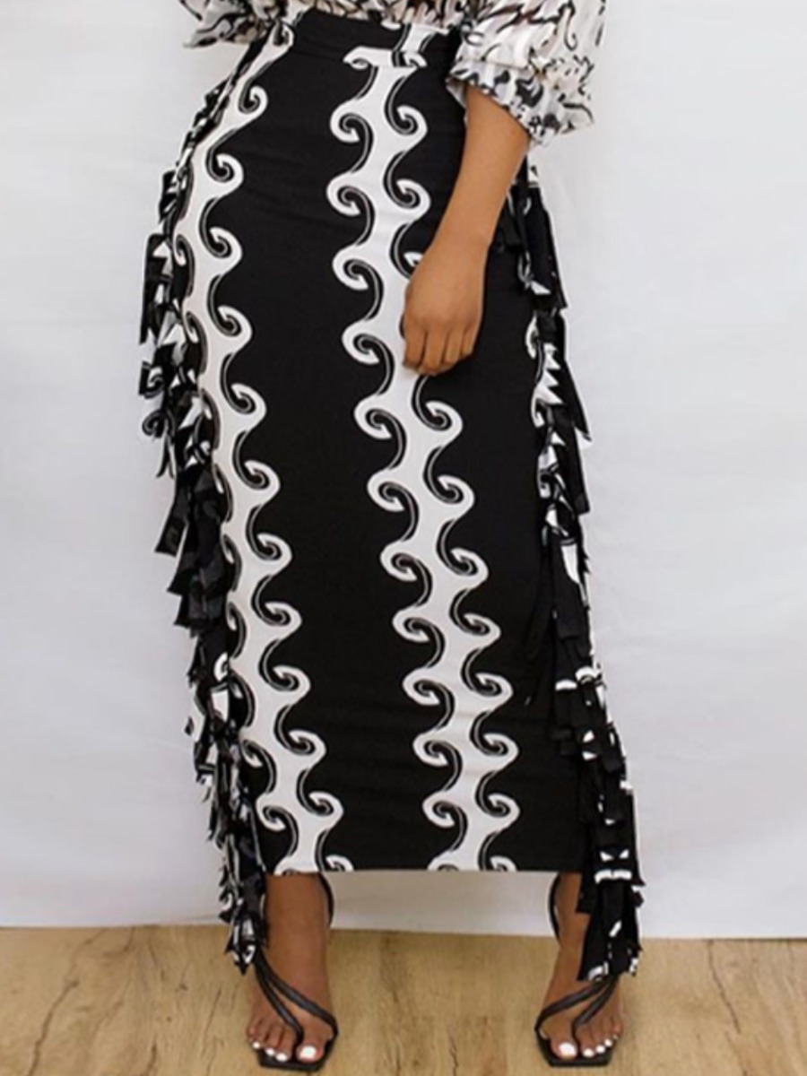 

LW Tassel Design Patchwork Skinny Skirt, Black