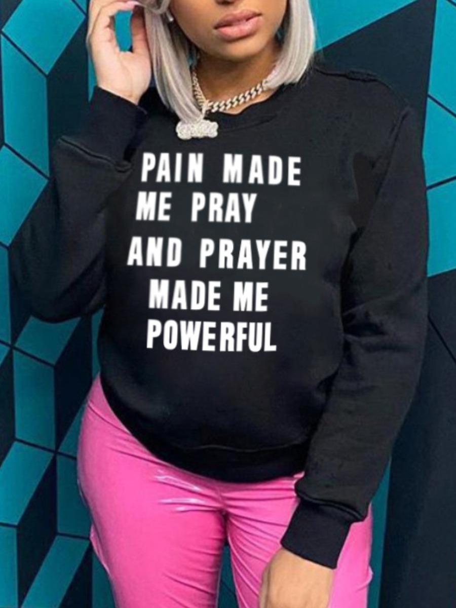 

LW Round Neck Letter Print Loose Sweatshirts, Black