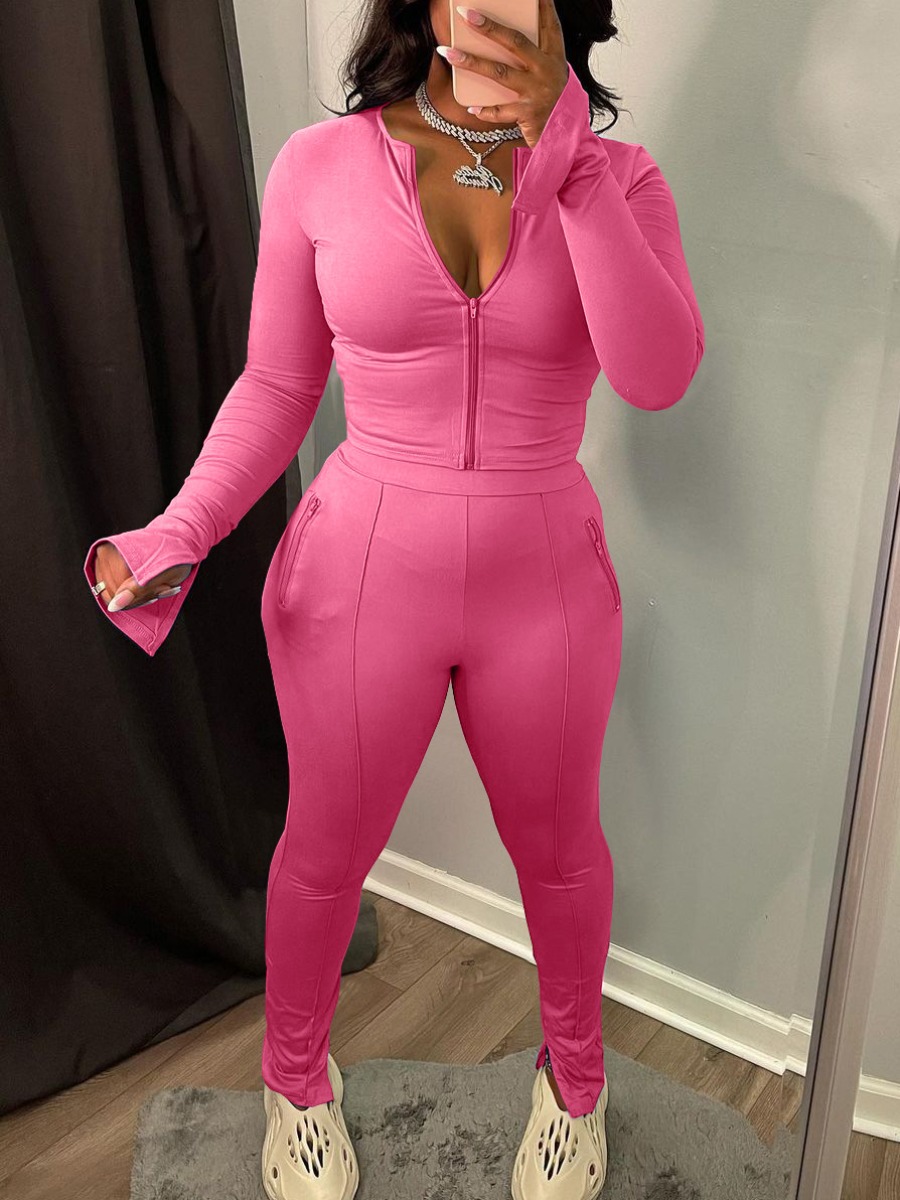 

LW Zip Up Slit Flared Pants Set, Rose red