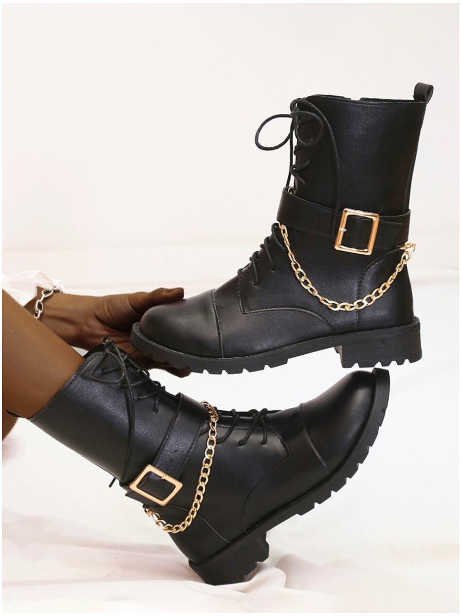 

LW Chains Buckle Decor Boots, Black