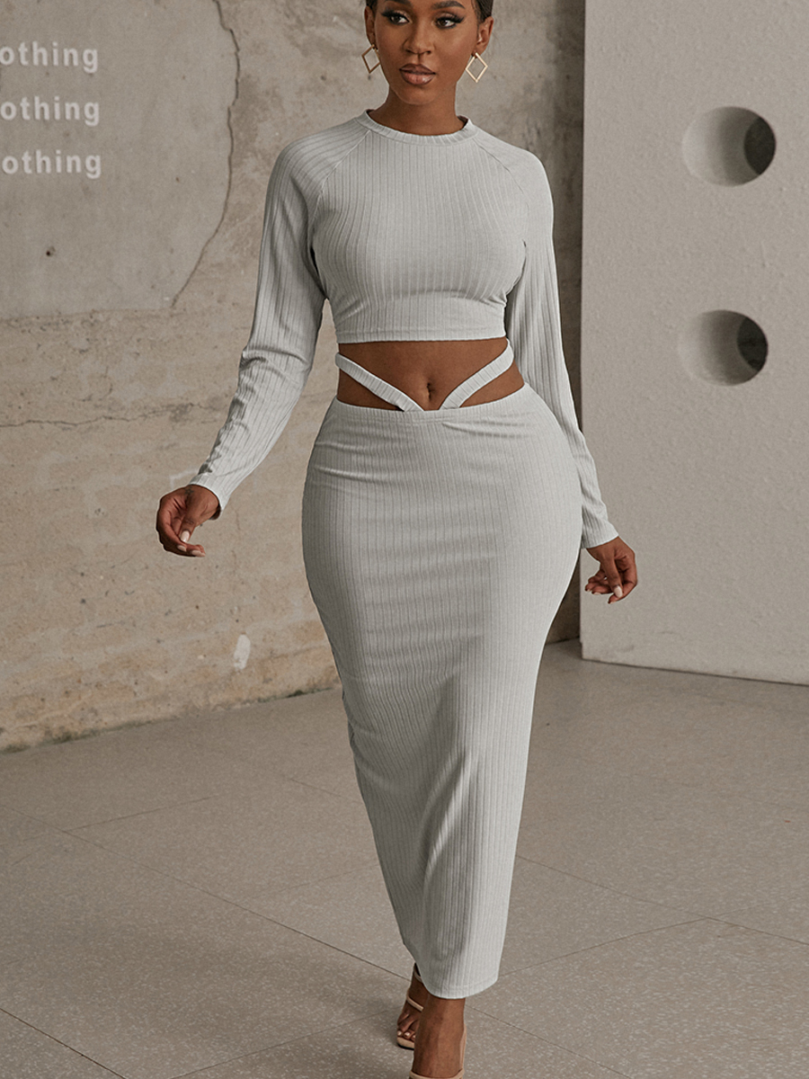 

LW COTTON Rib Knit Basic Skinny Cropped Skirt Set, Beige