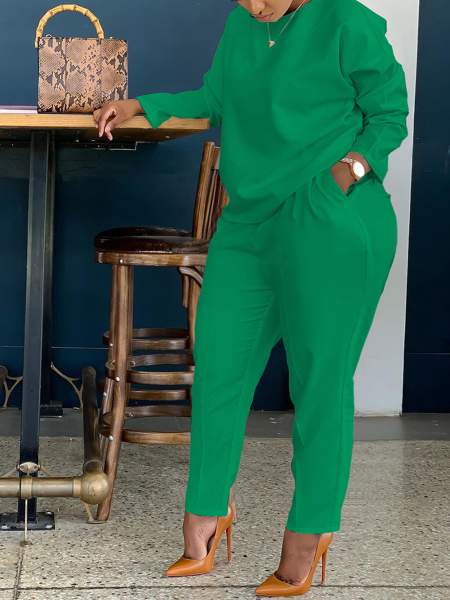 

LW BASICS Plus Size Embroidered Letter Pocket Design Pants Set, Green