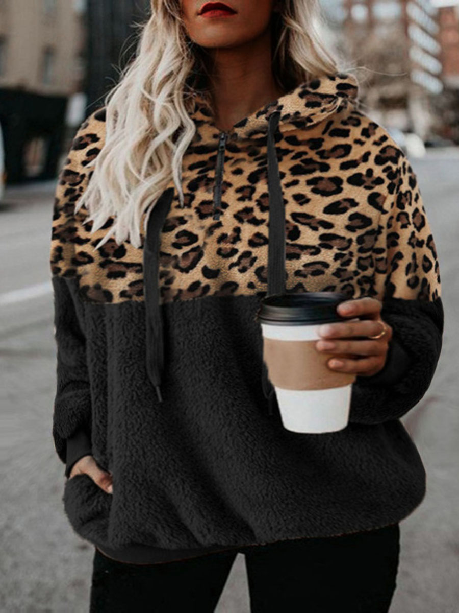 

LW Plus Size Teddy Animal Print Patchwork Hoodie, Black