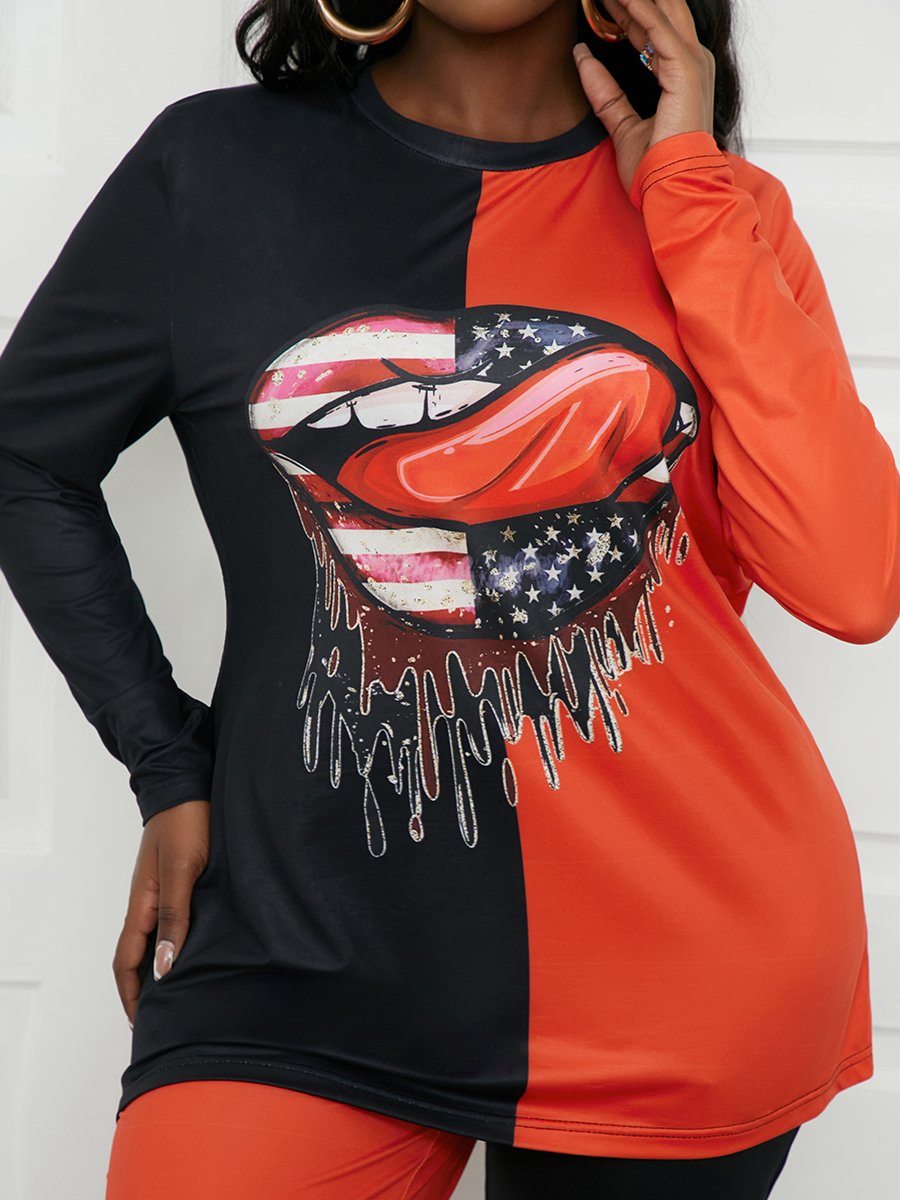 LW Lip Print Patchwork Skinny Pants Set