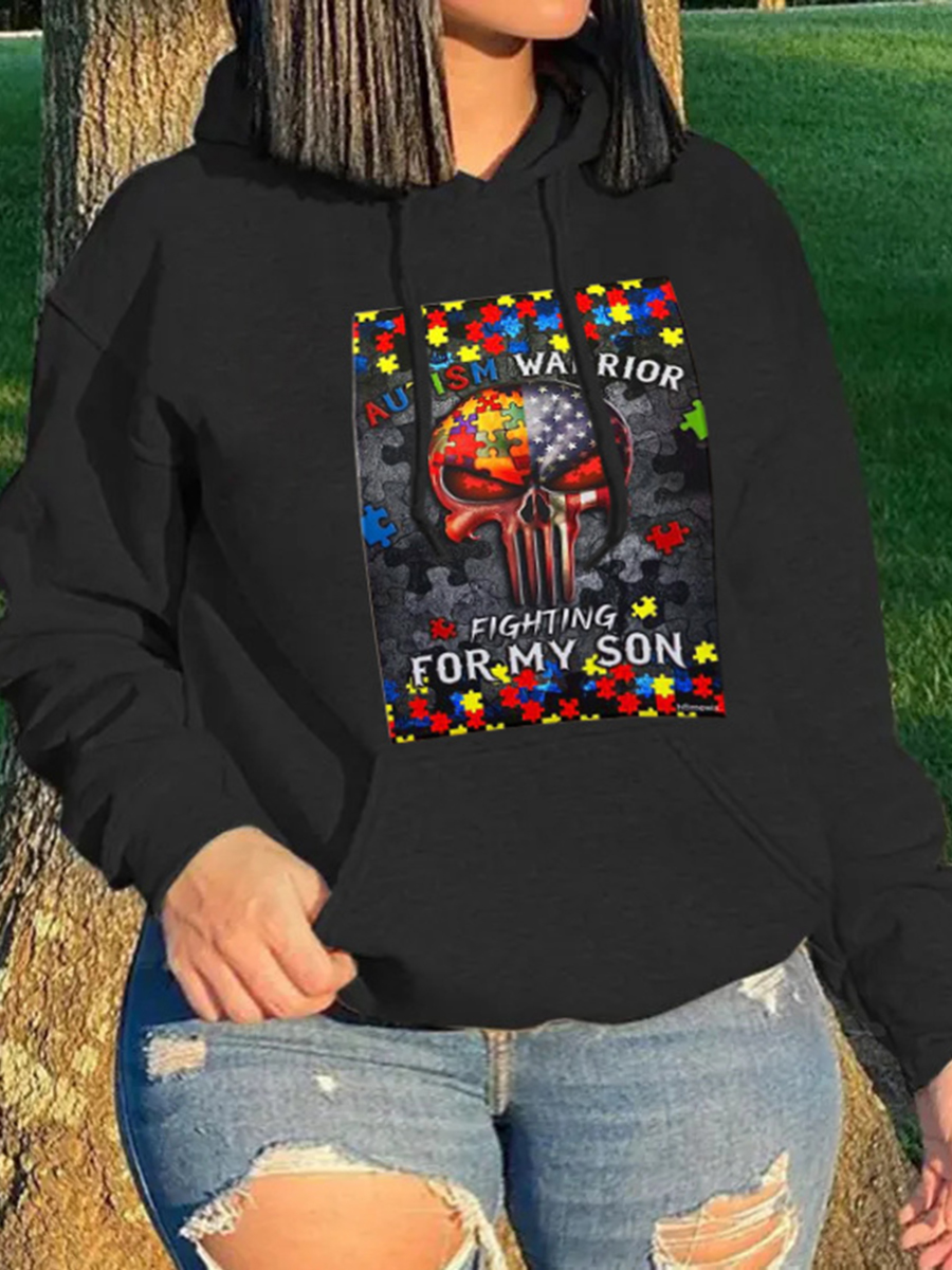 

LW Plus Size Pocket Design Mixed Print Hoodie, Black