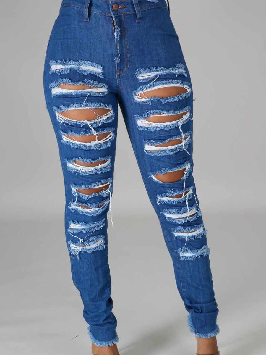 

LW Broken Holes Raw Edge Jeans, Deep blue