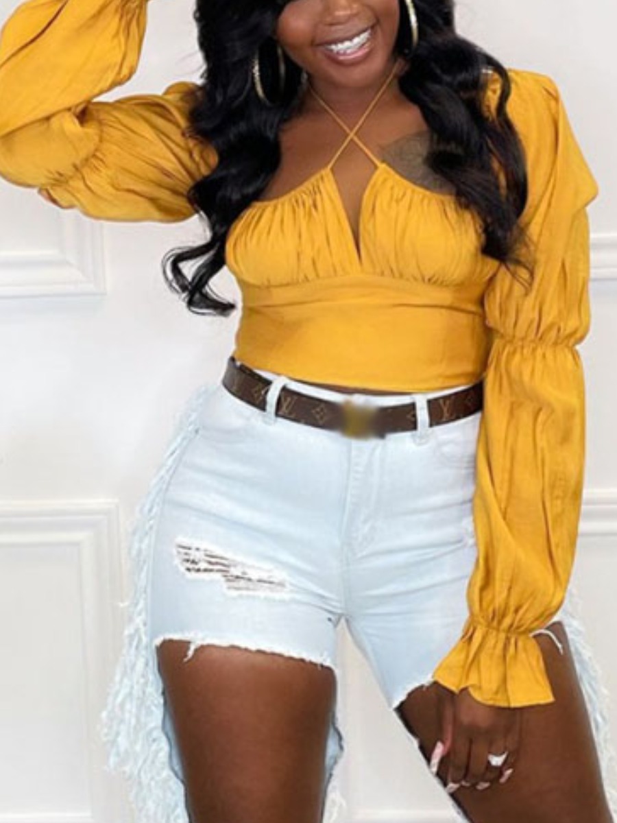 

LW Cross-over Ruched Solid Blouse, Yellow