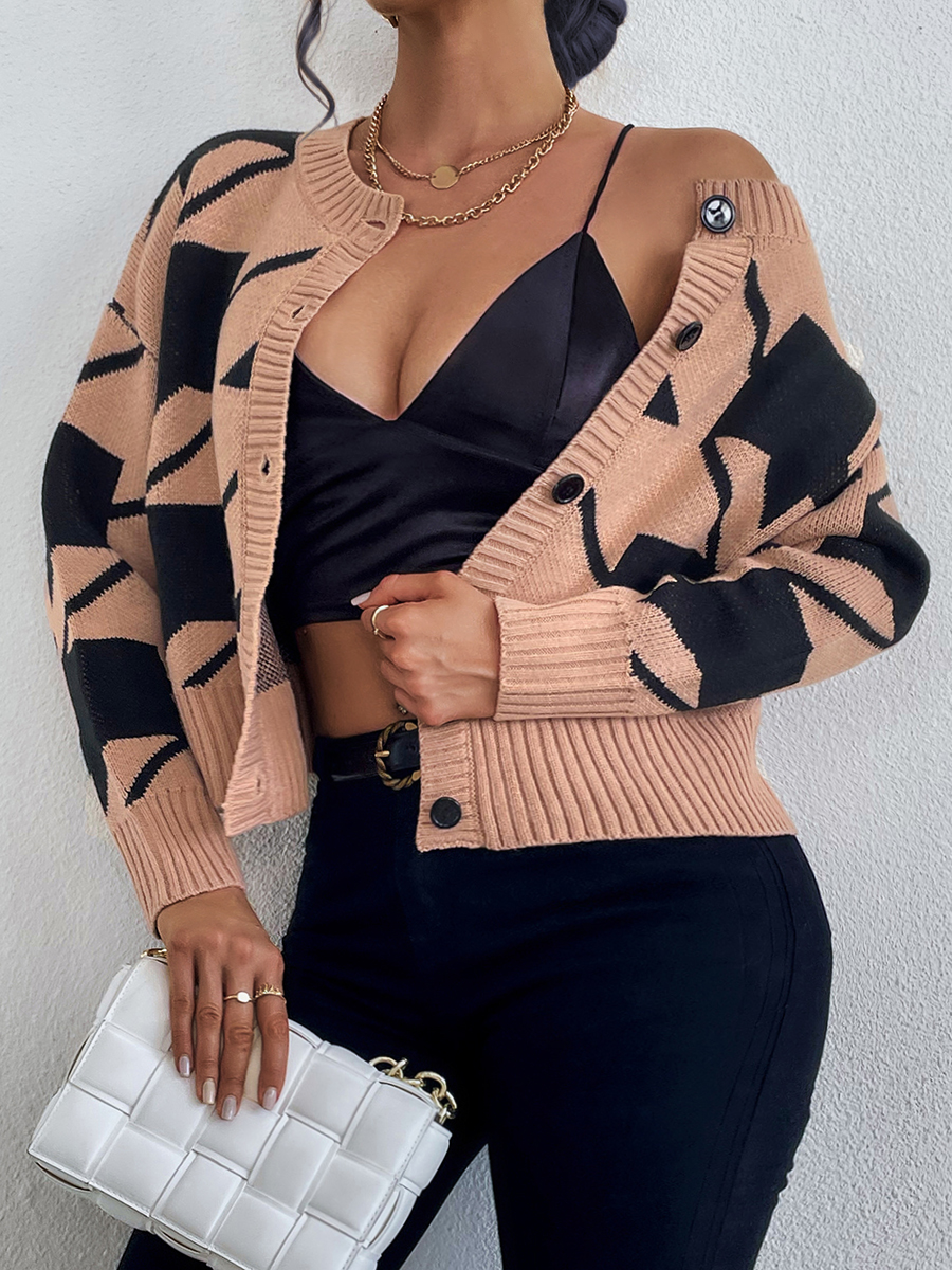 

LW Button Decor Patchwork Loose Cardigan, Light coffee