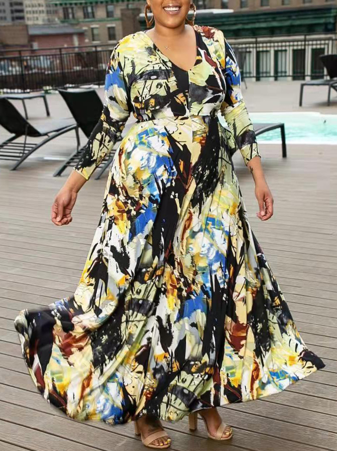 

LW V Neck Graffiti Print Loose Dress, Black