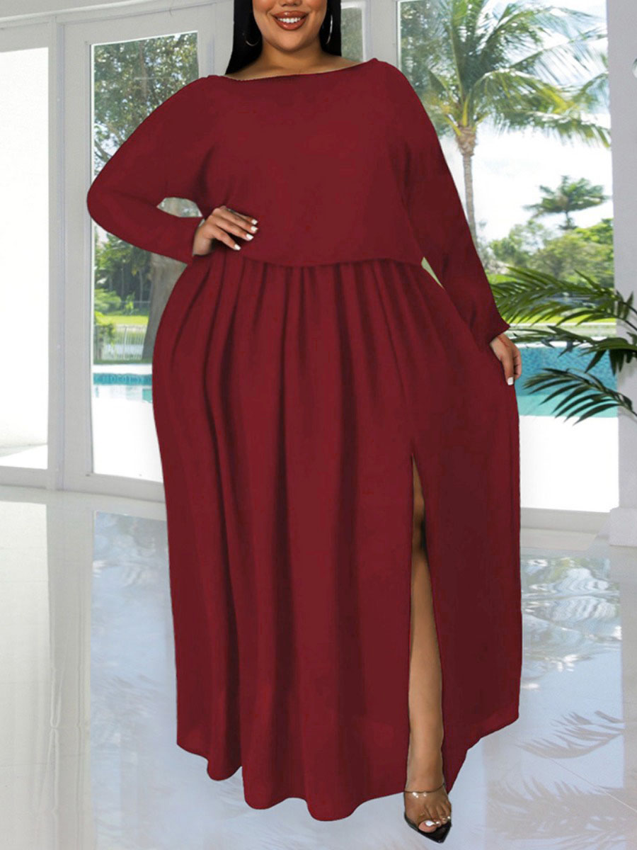

LW Plus Size Ruffle Design High Split Skirt Set, Wine red