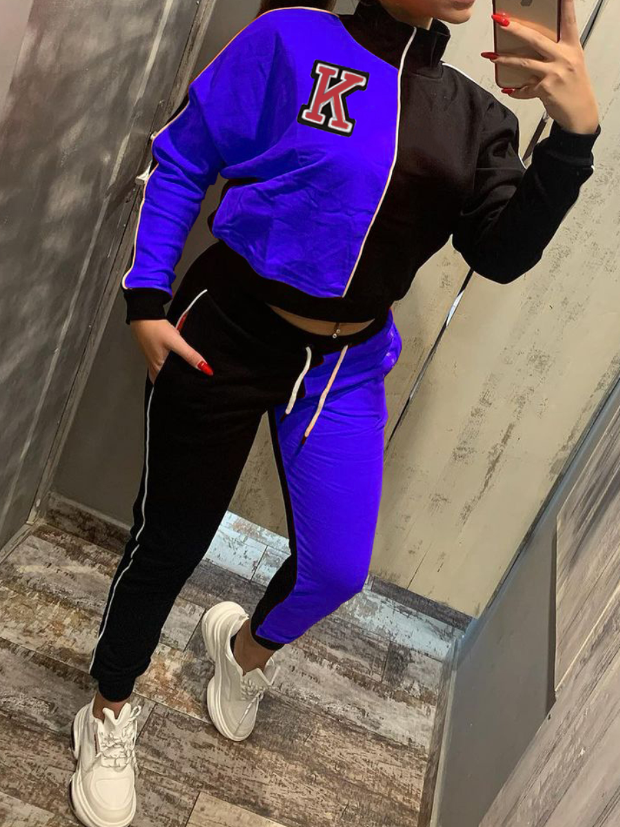 

LW Letter Print Patchwork Drawstring Tracksuit Set, Blue