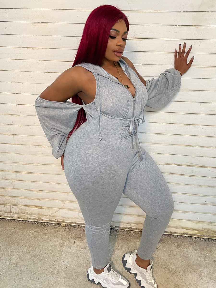 

LW SXY Plus Size Cold Shoulder Bandage Design Jumpsuit, Grey