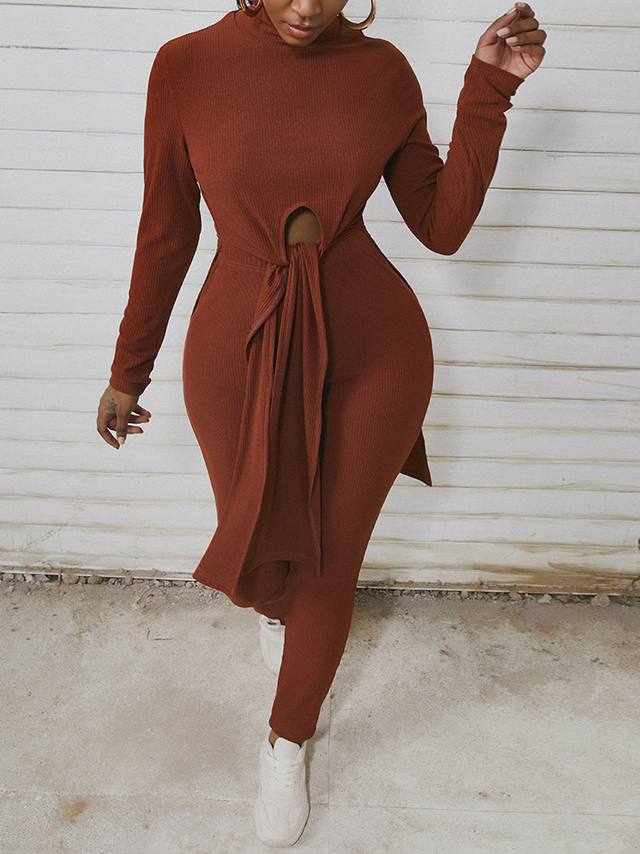 

LW Rib Knit Bandage Design Split Pants Set, Brown