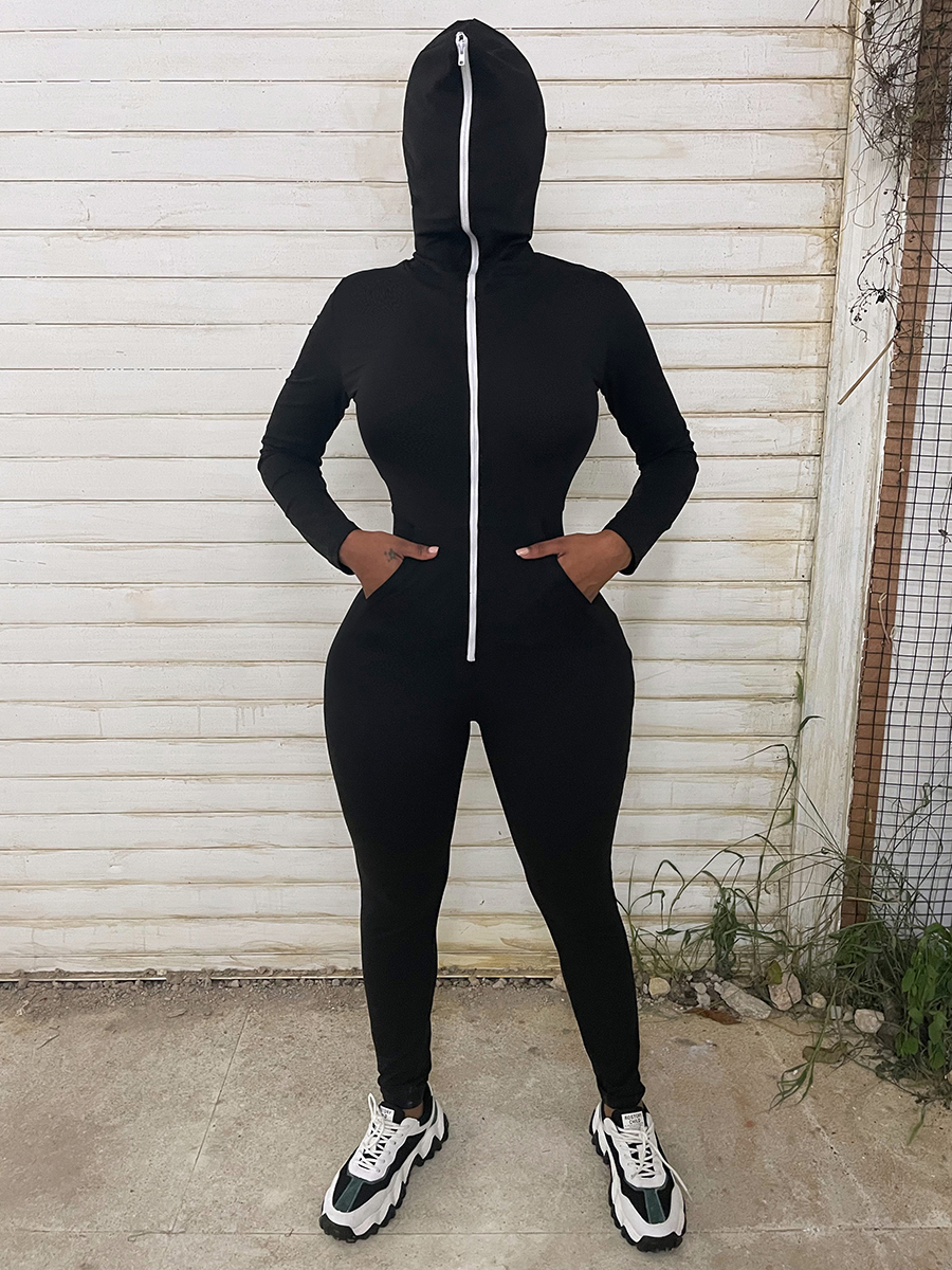 

LW Zipper Design Striped Jumpsuit, Black