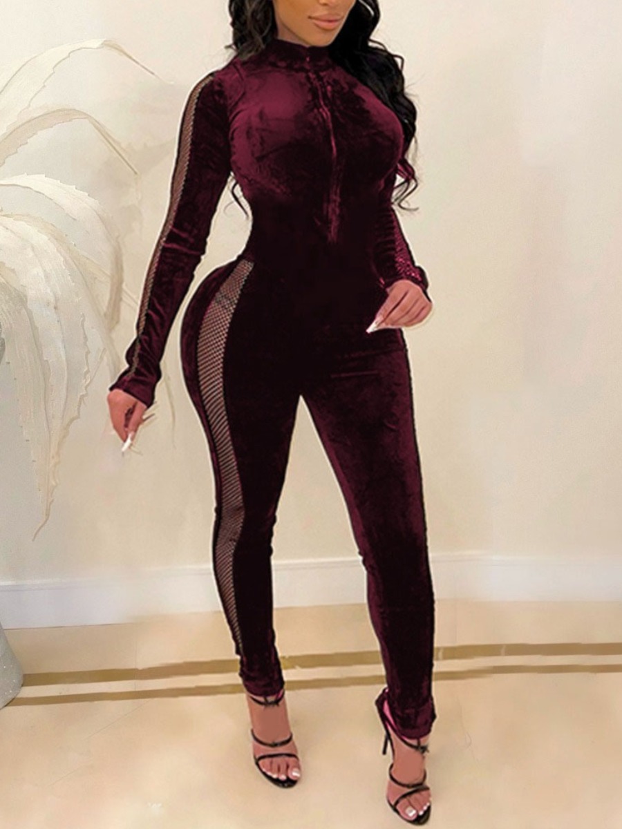 

LW SXY See-through Zipper Design Jumpsuit, Purplish red