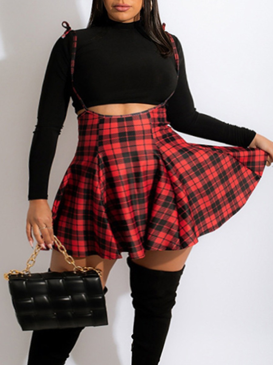 

LW Plus Size Plaid Print Ruffle Overall Skirt Set, Red