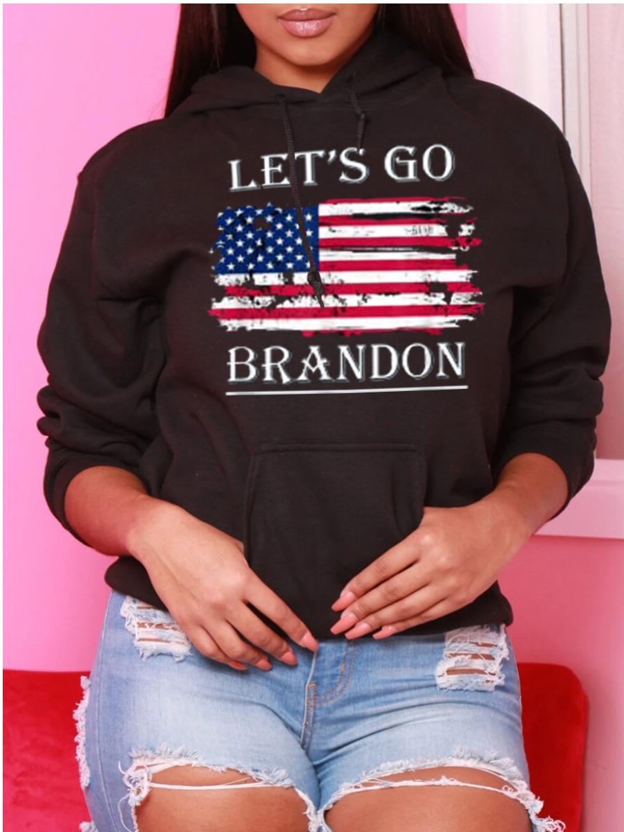 

LW American Flag Letter Print Loose Hoodie, Black