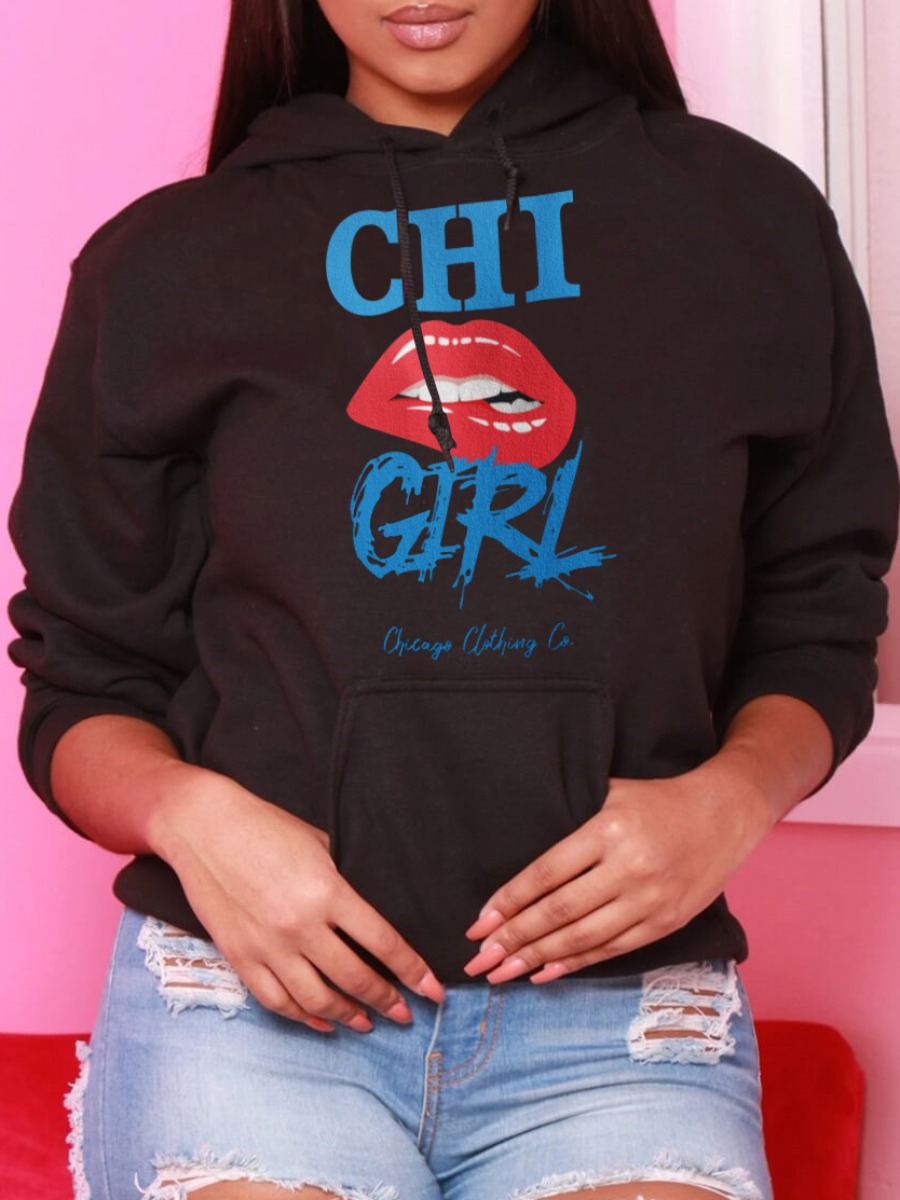 

LW Lip Letter Print Loose Hoodie, Black
