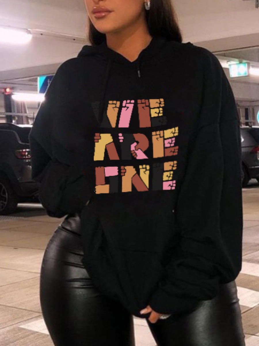 

LW Plus Size Pocket Design Letter Print Hoodie, Black