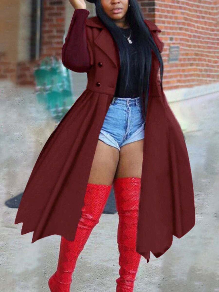 

LW Lapel Neck Pleated Trench Coats, Wine red