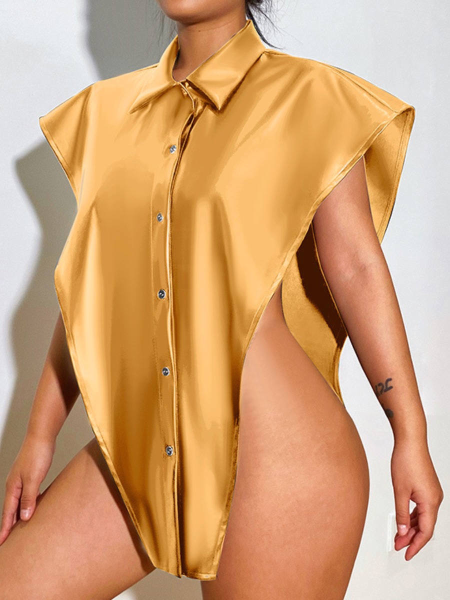 

LW Leather Asymmetrical Solid Loose Blouse, Yellow