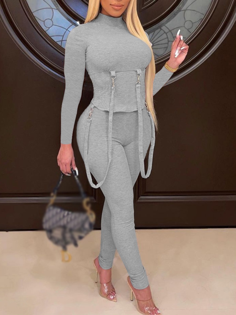 

LW Strap Charm Decor Skinny Pants Set, Grey