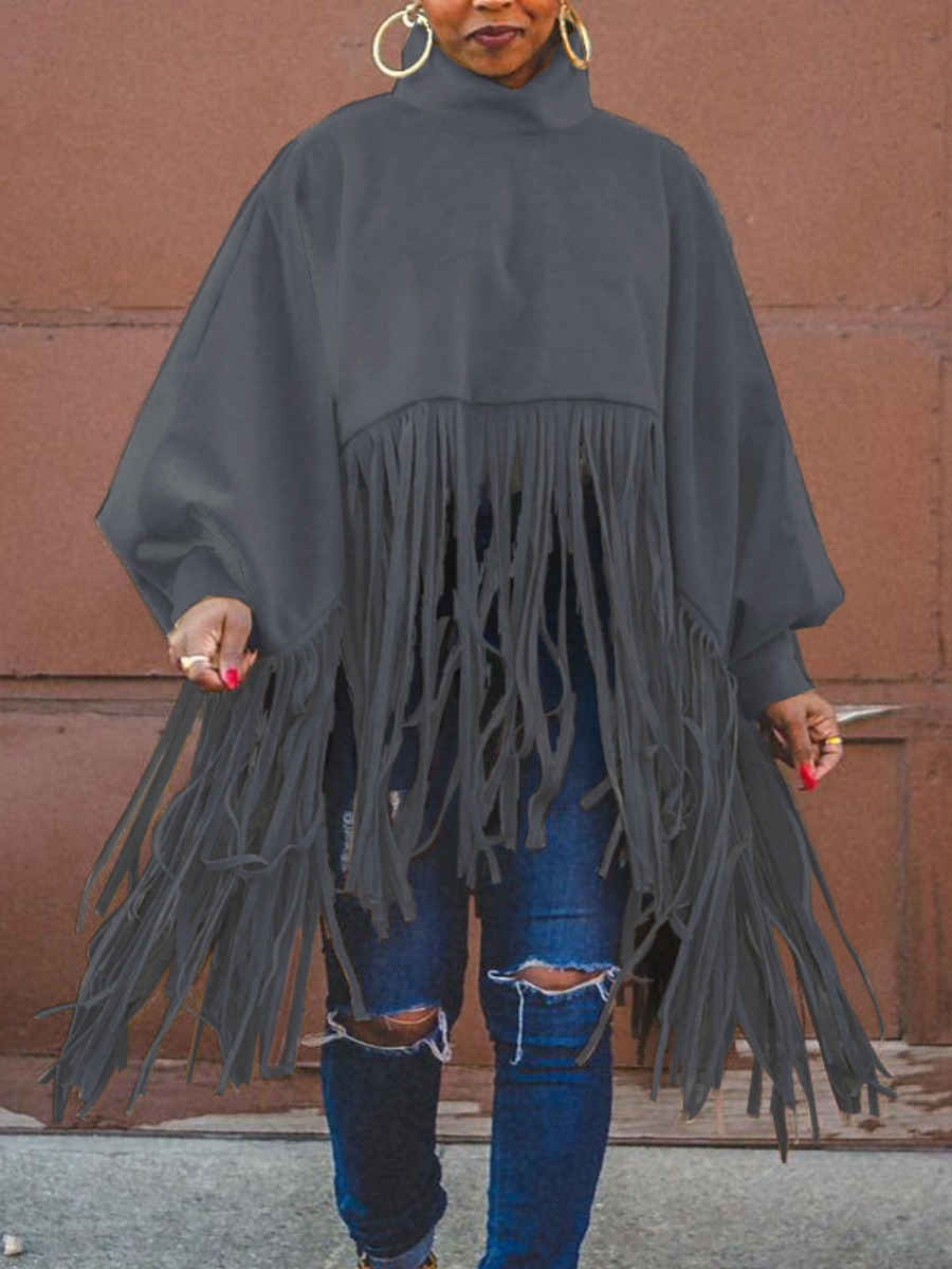 

LW Turtleneck Tassel Design Sweatshirt, Grey