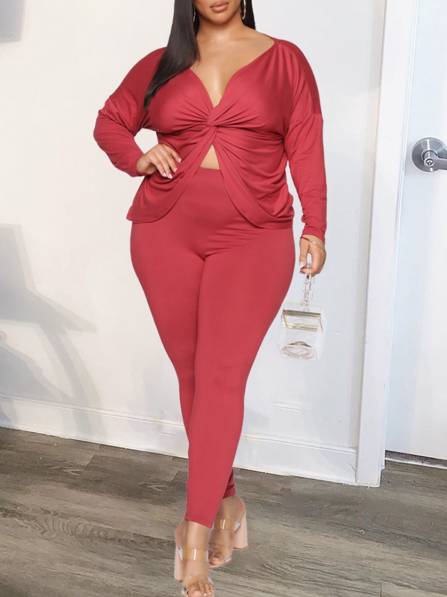 

LW Plus Size Front Twist Ruched Pants Set, Red