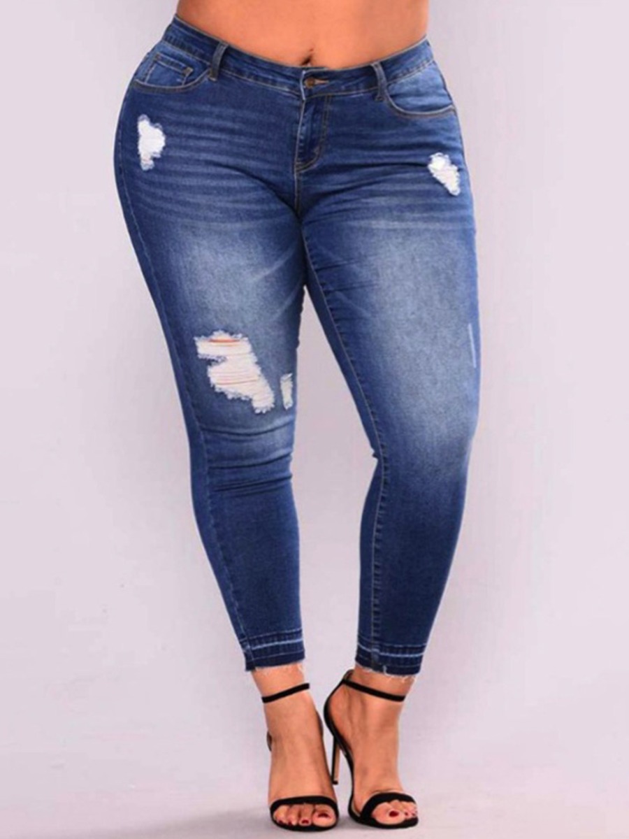 

LW Plus Size Mid Waist Ripped Jeans, Deep blue